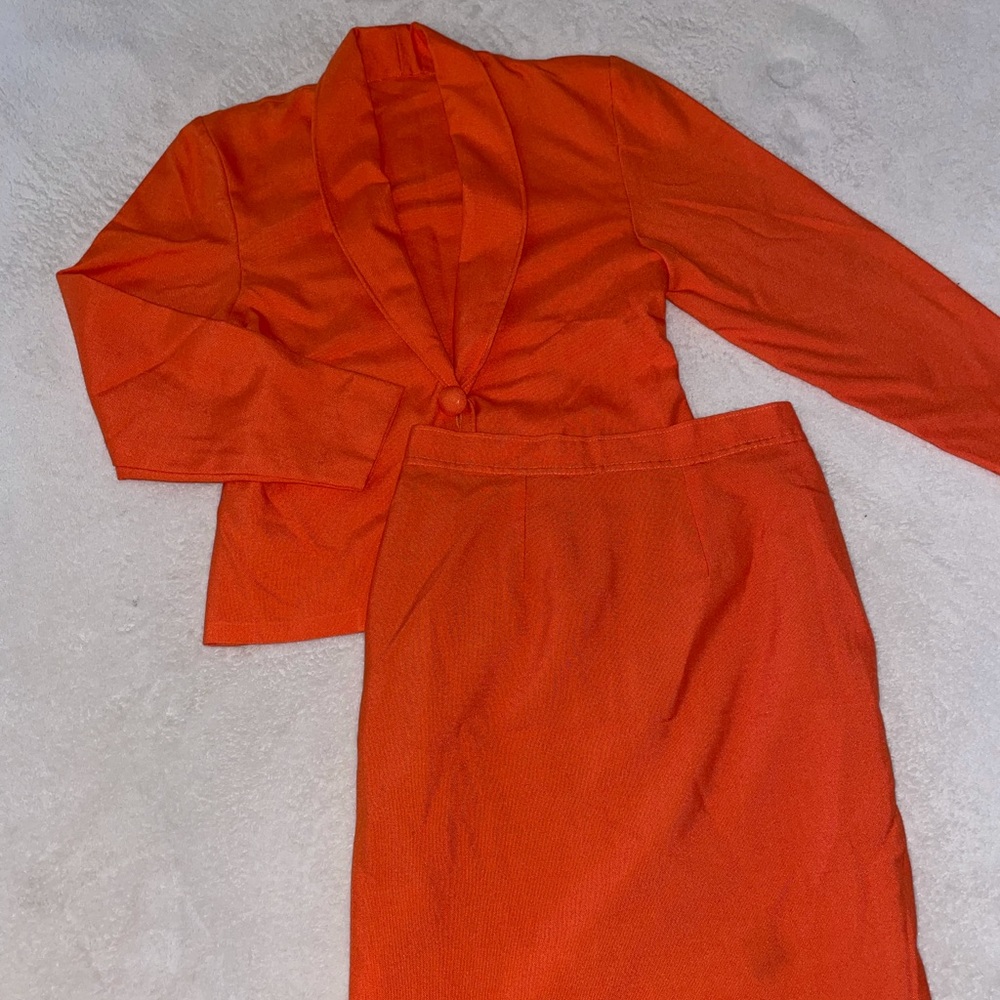 Vintage Bright Orange 2 Piece Skirt Suit Set with Blazer